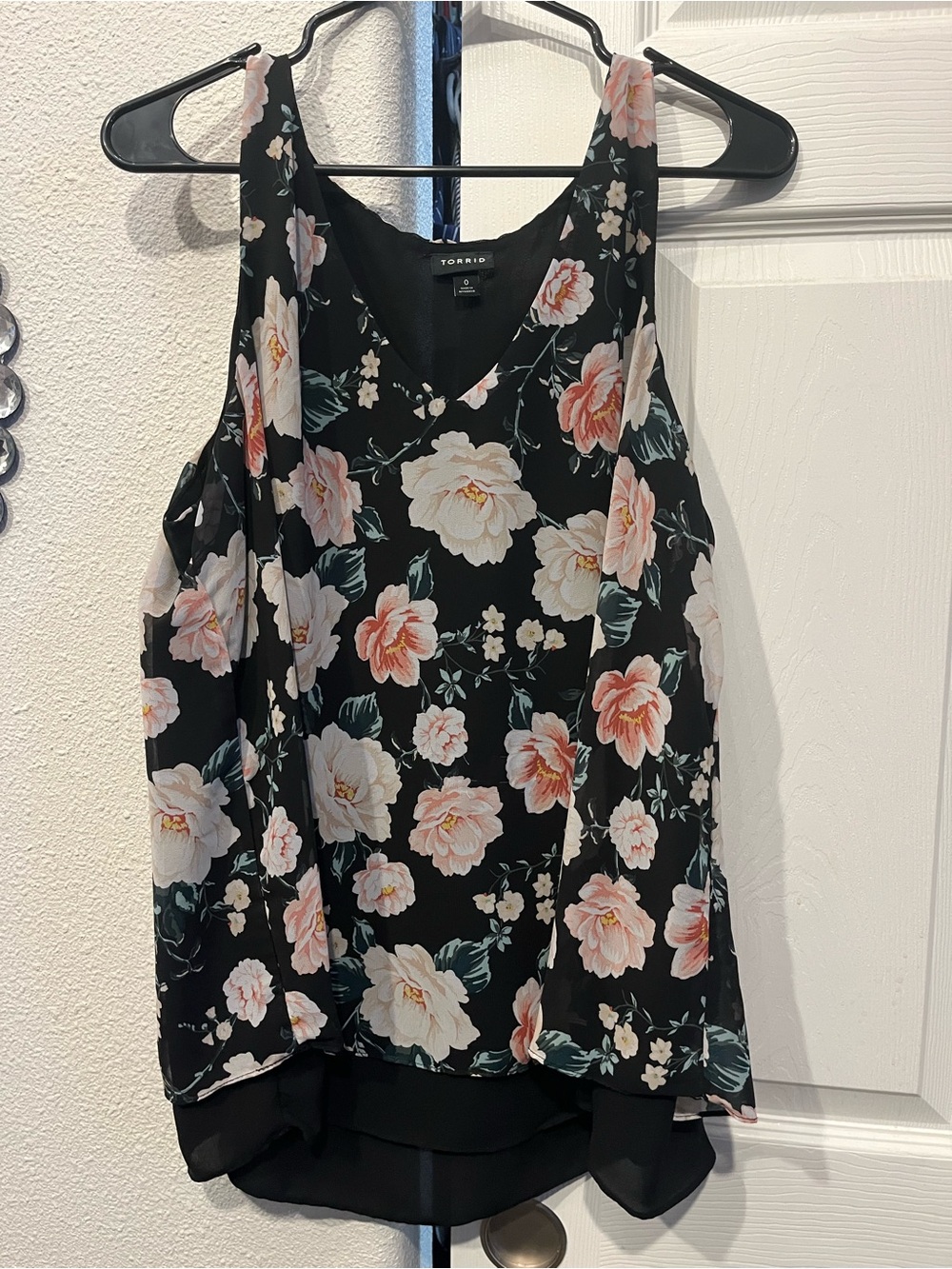 torrid Black Floral V-Neck Tank with Pink and Cream Blooms